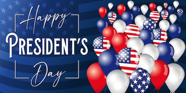Happy Presidents Day-poster. 3D ballonnen vliegen in de lucht. Amerikaanse vlag achtergrond. Vector illustratie