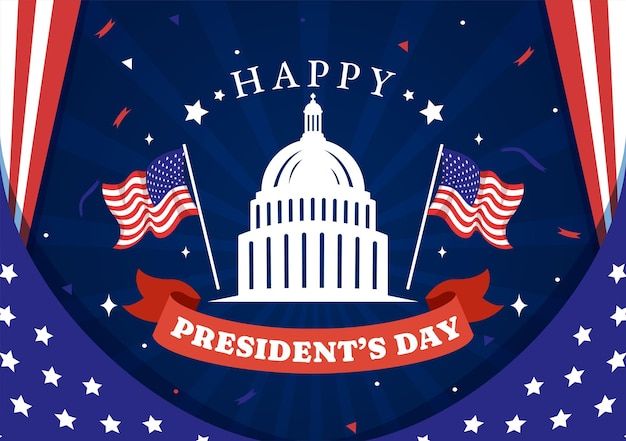 평평한 만화 배경 디자인으로 미국 대통령과 미국 국기를 가진 2월 19일 행복한 대통령의 날  ⁇ 터 일러스트레이션