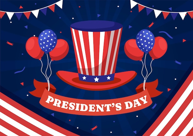 2月19日のハッピー・プレジデント・デーベクトルイラストで,アメリカ大統領とアメリカ国旗がフラット・カートゥーン・バックグラウンド・デザインで描かれています.