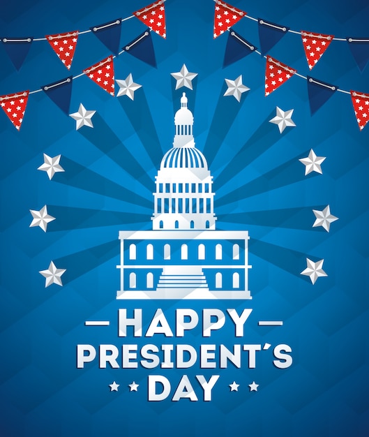 Happy presidents day with american parliament silhouette