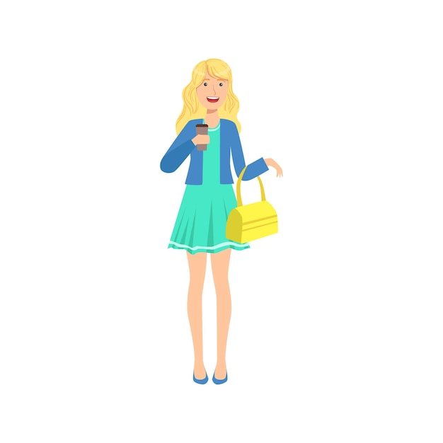 여자의 다른 라이프 스타일 컬렉션의 커피 부분을 홀 짝 하는 파란 드레스에 행복 한 예쁜 금발 소녀