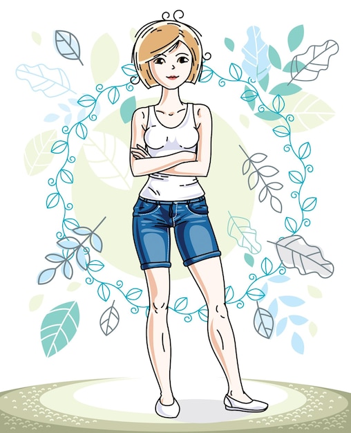 Счастливая симпатичная молодая блондинка, стоящая на фоне весеннего экологического пейзажа с нежными голубыми листьями и одетая в модную повседневную одежду. Векторный характер.