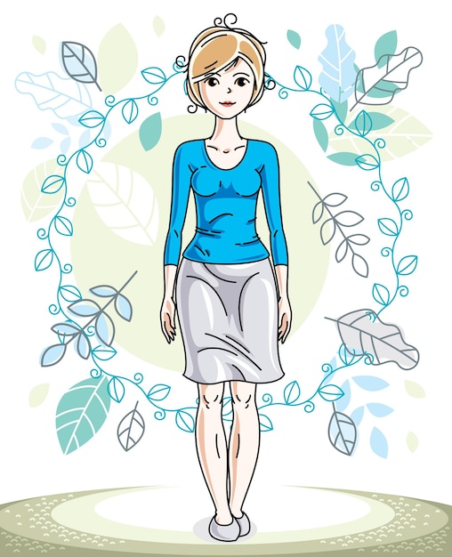 Happy pretty young blonde woman standing on background of spring landscape and wearing fashionable casual clothes. Vector character.