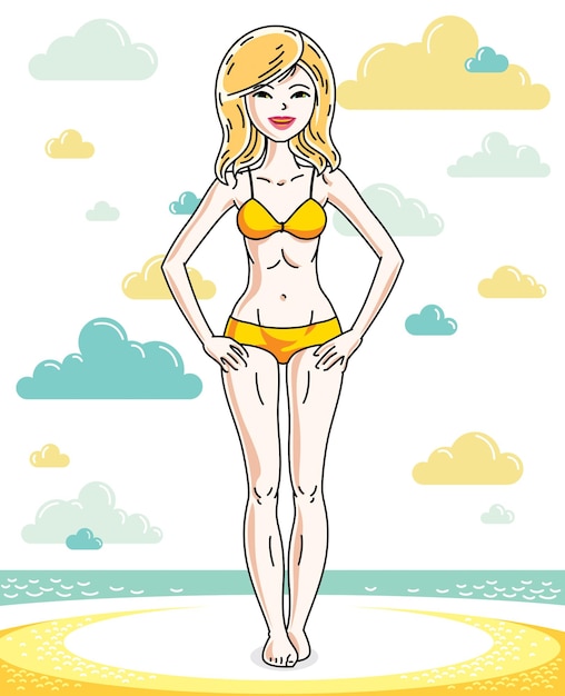 Happy pretty young blonde woman standing on tropical beach and wearing swimming suit. Vector character. Summer holidays theme.