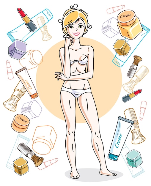 Vector happy pretty young blonde woman in underwear standing on colorful background with cosmetic accessories like lipstick, blusher and creme. vector character.