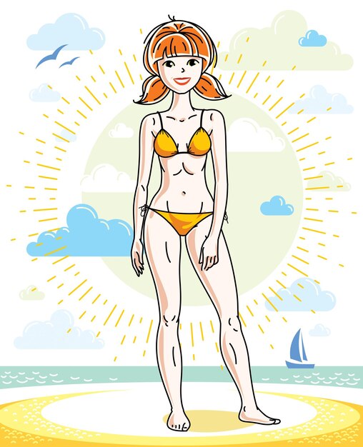 열 대 해변에 서 서 수영복을 입고 행복 꽤 젊은 빨간 머리 여자. 벡터 문자입니다. 여름 휴가 테마.