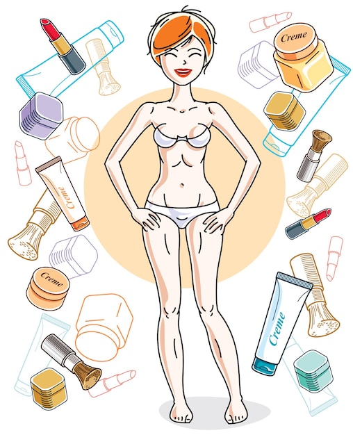 Happy pretty young red-haired woman in underwear standing on colorful background with cosmetic accessories like lipstick, blusher and creme. Vector character.