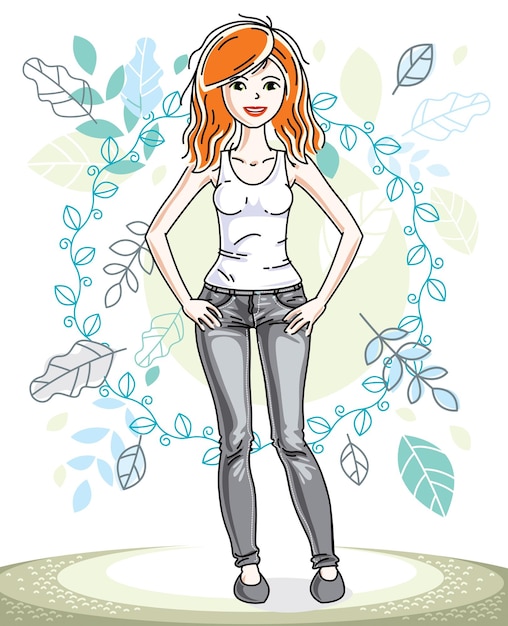 Vector happy pretty young redhead woman standing on background of spring ecology landscape with delicate blue leaves and wearing fashionable casual clothes. vector character.