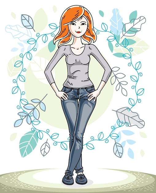 Happy pretty young redhead woman standing on background of spring landscape and wearing fashionable casual clothes. Vector character.