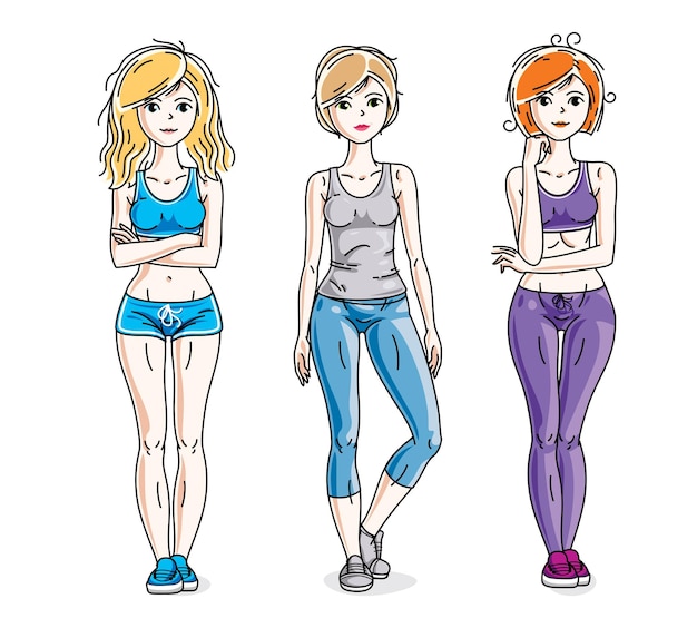 Happy pretty young women standing in stylish sportswear. Vector diversity people illustrations set. Lifestyle theme fem characters.