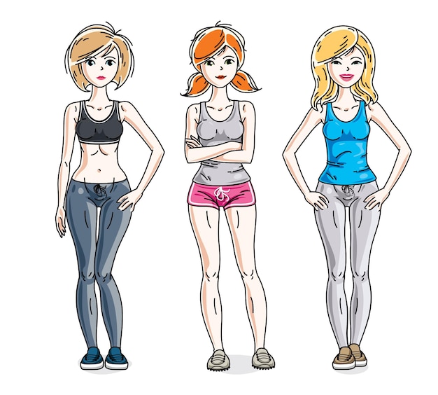 Vector happy pretty young women standing in stylish sportswear. vector diversity people illustrations set.