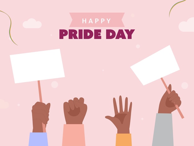 Happy pride day poster design with human raising hands and empty placards on pink background