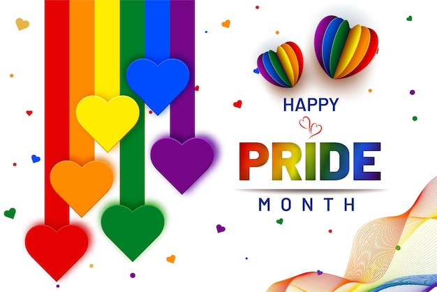 happy pride month banner illustration with heart shapes