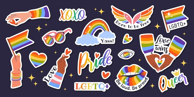 Happy Pride Month LGBTIA stickers set geïsoleerde badges met tekens en symbolen zinnen vlaggen