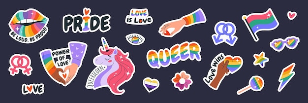 Happy Pride Month LGBTIA stickers set geïsoleerde badges met tekens symbolen zinnen