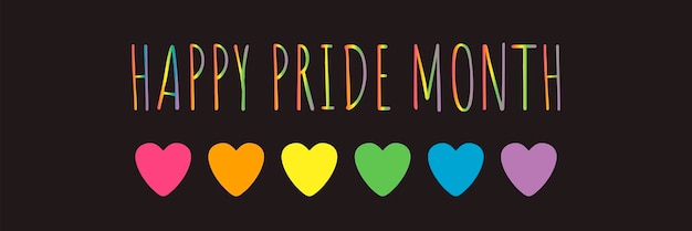 Vector happy pride month text lgbt banner horizontal colorful gay pride abstract rainbow hearts on dark