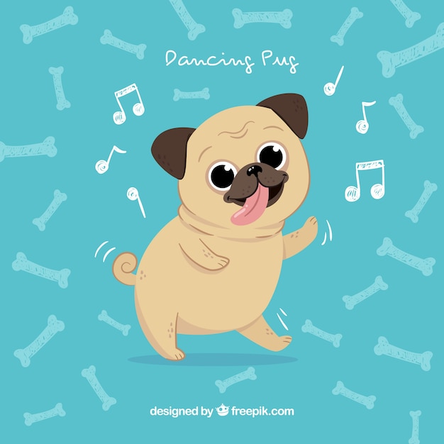 Vector happy pug dancing with hand drawn style