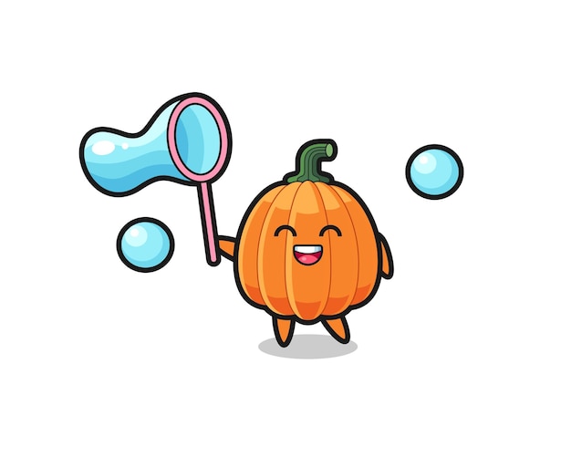 Vector happy pumpkin cartoon playing soap bubble