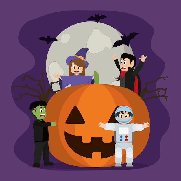Happy pumpkin with horror people and bats