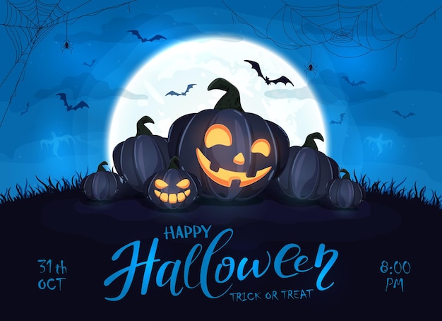 Happy pumpkins on blue halloween background with full moon card with jack o' lanterns bats and spiders illustration can be used for children's holiday design cards invitations and banner