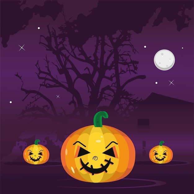 Happy pumpkins in a gloomy night Halloween season Vector