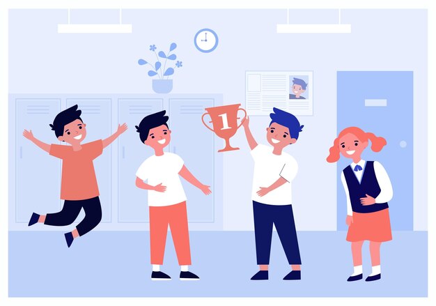 Vector happy pupils holding golden cup for first place in competition. boys and girl rejoicing over victory flat vector illustration. celebration, winner, achievement, trophy concept