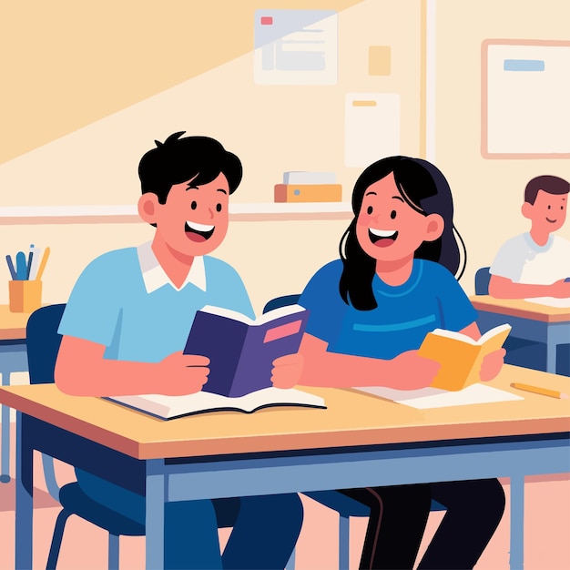 Happy pupils studying in classroom flat illustration