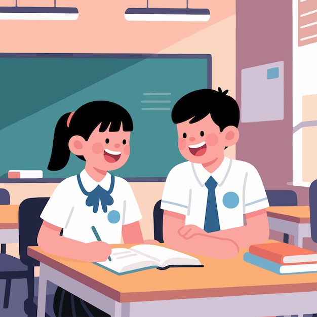 happy pupils studying in classroom flat illustration