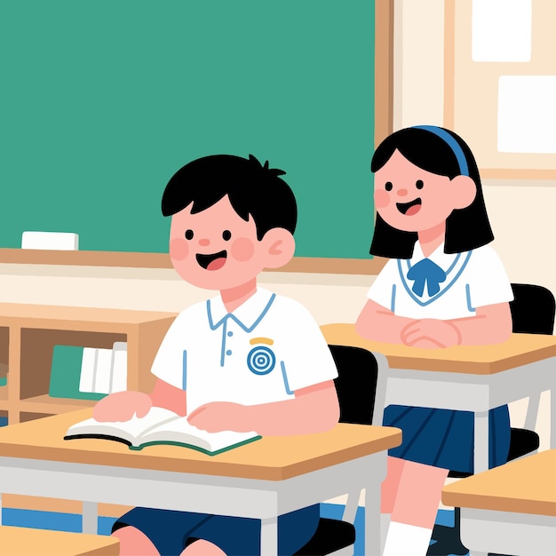 happy pupils studying in classroom flat illustration