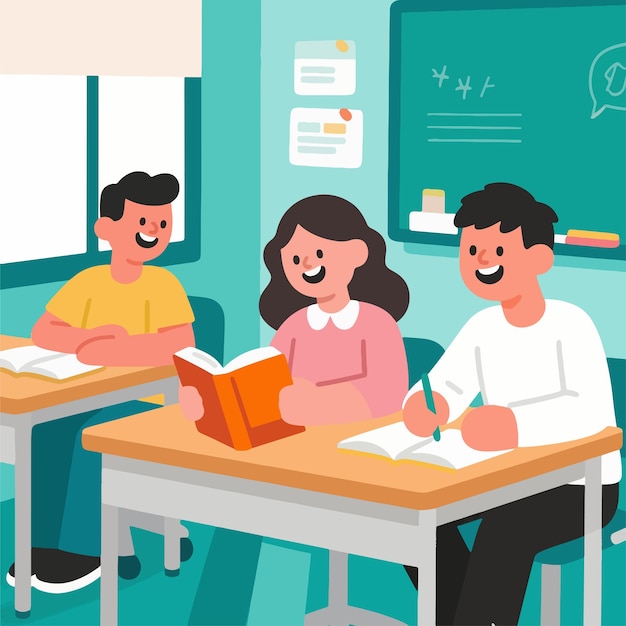 happy pupils studying in classroom flat illustration