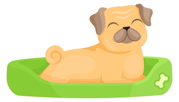 Счастливый щенок лежит на собачьей кровати Мультяшный питомец