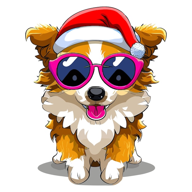 Happy Puppy in Santa Hat Vector Illustration