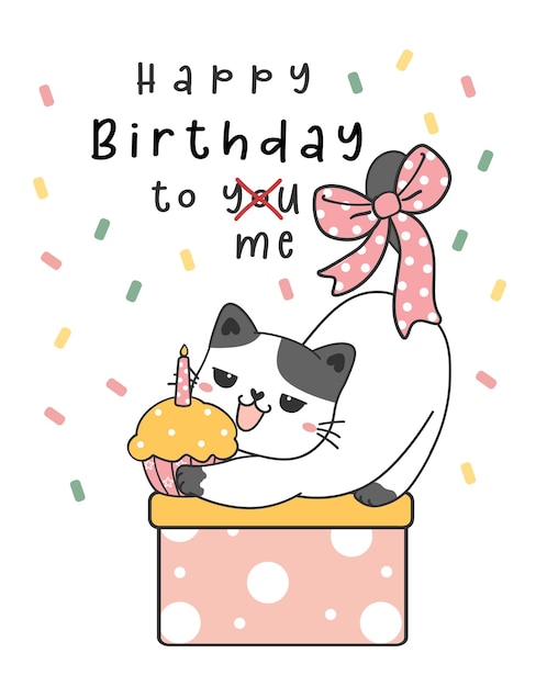 Vector happy purfect birthday greeting card cute funny playful kitty cat on present box with bow