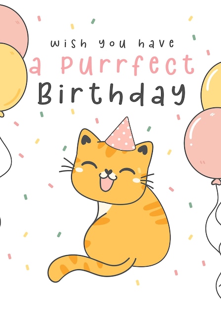 Happy purfect birthday greeting card cute happy smile playful ginger orange kitty cat wearing party