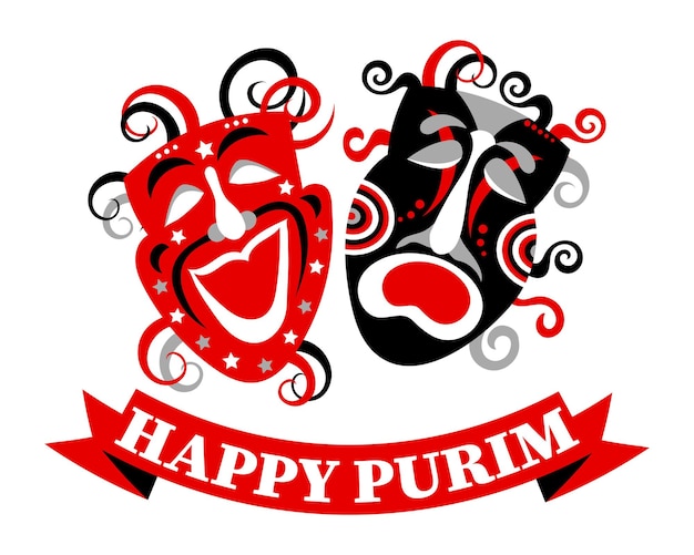 Happy Purim. Colorful carnival masks on a white background. Red and black design. Postcard, banner