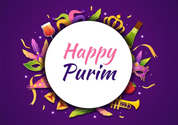 Happy purim illustration with carnival masks, jewish holiday and funfair in hand drawn templates