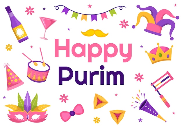 Happy Purim Illustration with Carnival Masks, Jewish Holiday and Funfair in Hand Drawn Templates