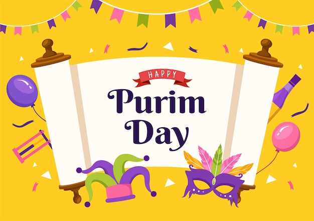 Vector happy purim illustration with carnival masks, jewish holiday and funfair in hand drawn templates