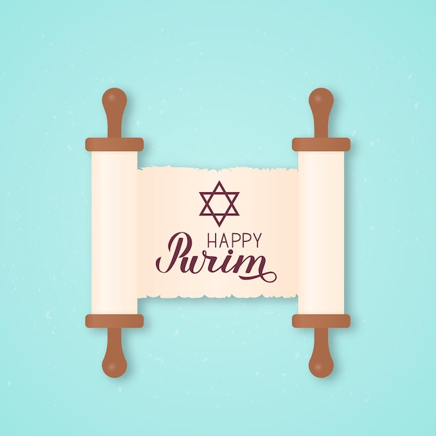 Happy Purim kalligrafie belettering en ster van David geschreven op oude scroll papier Traditionele Joodse carnaval viering poster Vector sjabloon voor uitnodiging voor feest wenskaart banner flyer