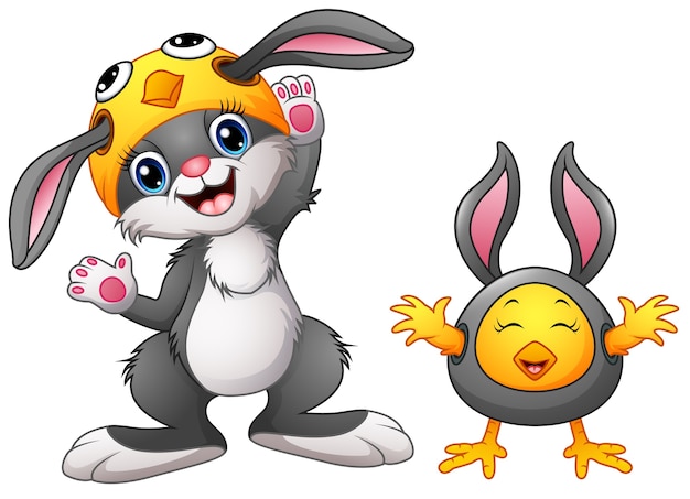 Счастливый мультфильм кролика и цыпленка в костюме