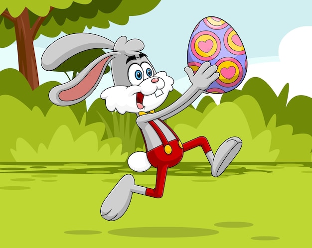 Happy rabbit cartoon character running with colored easter egg vector hand drawn illustration