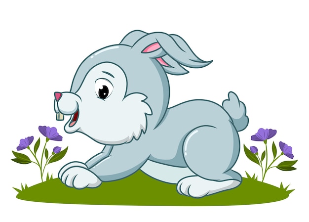 행복한 토끼가 삽화의 잔디 위를 달리고 있다