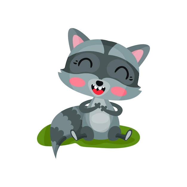 Happy raccoon sitting on green grass and laughing Flat vector icon of wild forest animal with pink cheeks and striped tail