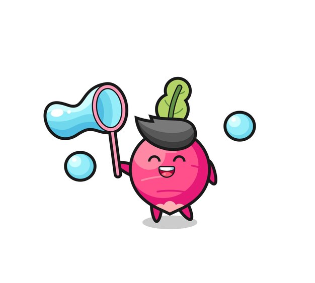 Happy radish cartoon playing soap bubble , cute style design for t shirt, sticker, logo element