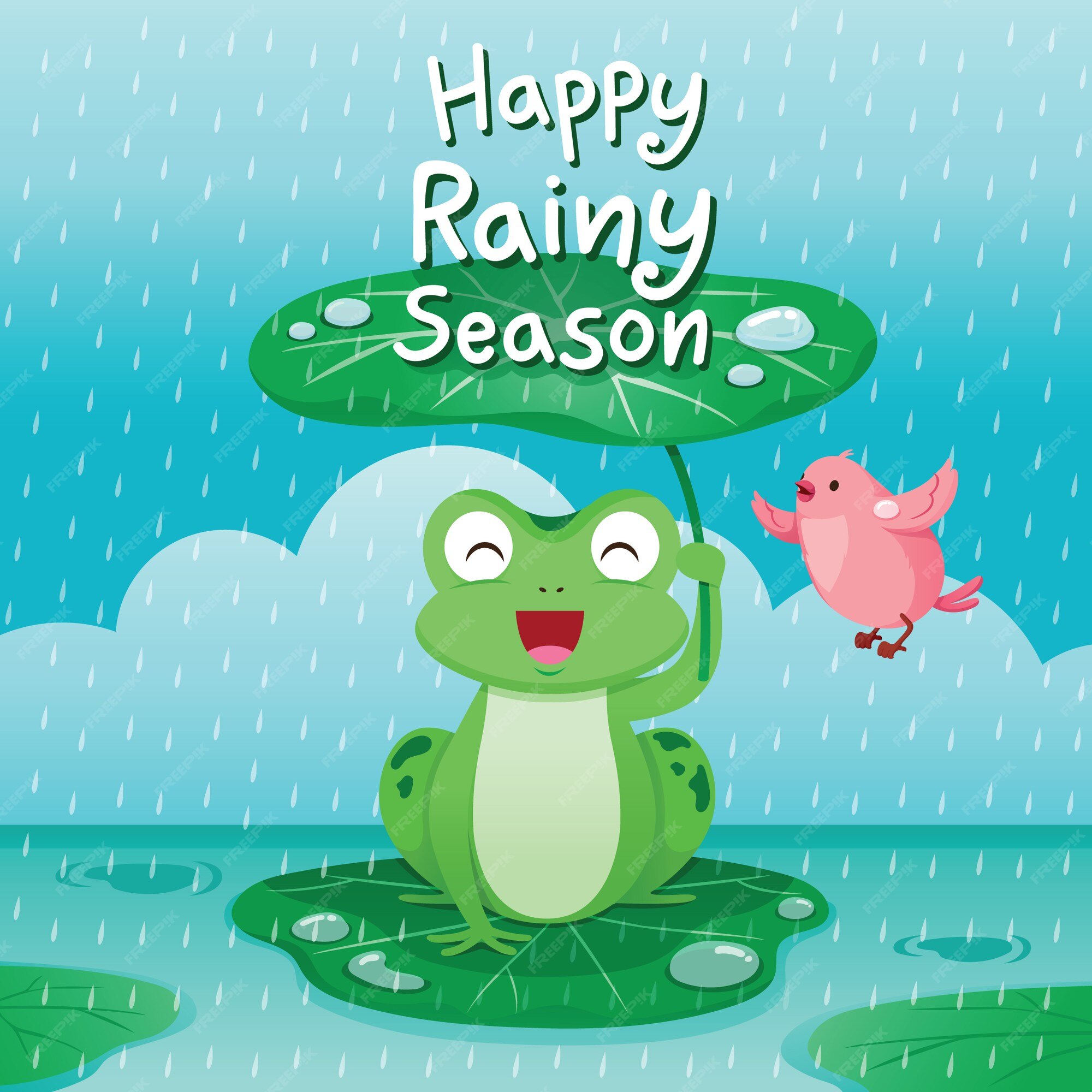 Premium Vector | Happy rainy season, frog under lotus leaf for protect in  the rain, bird flying around
