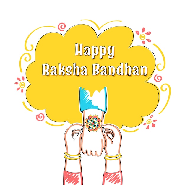 노란색과 흰색 배경에 그녀의 형제에게 Rakhi 팔찌를 묶는 자매의 가까운 보기와 함께 행복 Raksha Bandhan 축하 개념