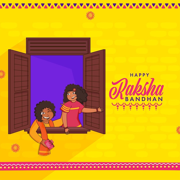 Happy raksha bandhan concept with cheerful sister and brother watching outside from window on yellow background