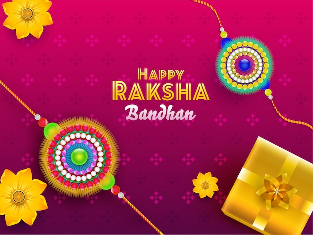 분홍색 배경에 광택 선물 상자와 꽃 Rakhis의 상위 뷰와 행복 Raksha Bandhan 글꼴.