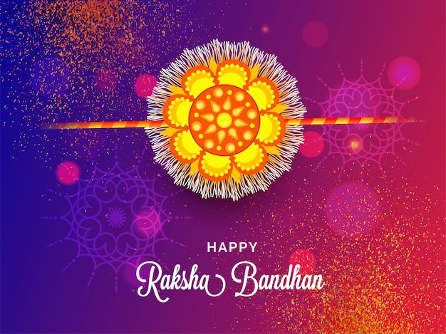 Felice raksha bandhan biglietto di auguri design con bellissimo rakhi (polsino) su sfondo astratto glitter bokeh.