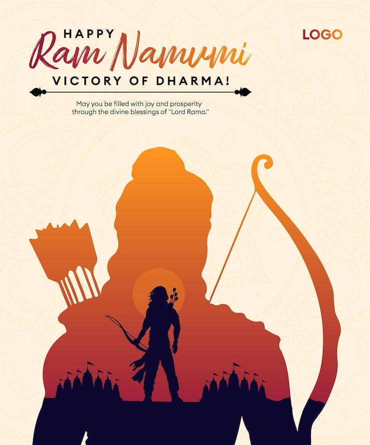 Vector happy ram navami digitale kunstwerk heer rama silhouette met boog en pijl overwinning van dharma